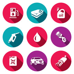 Vector Set of Fuel Icons. Petrol station, gasoline tank, Machine oil, filling pistol, piston engine, canister, car, exhaust pipe.