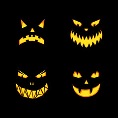 Vector set of monsters grin on black background. Halloween illustration