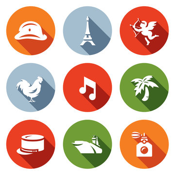 Vector Set of France Icons. Army, Paris, Eiffel Tower, Romantic, Rooster, Music, Legion, Aircraft Carrier, Perfume.