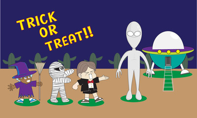 'Trick Or Treat' : Children In Halloween Costumes Offer Trick Or Treat to the Alien