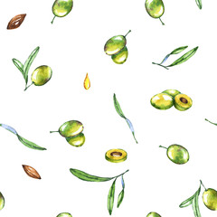Hand-drawn watercolor seamless pattern with green olives. Repeated background with drawings of the fruits, leaves and branches. Organic food pattern