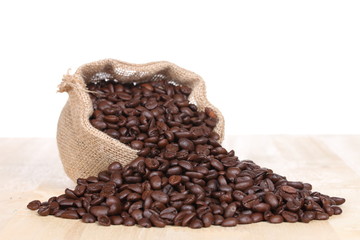 Coffee beans in a sack on table wooden