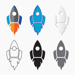 Rocket ship icon, vector set. Line design, silhouette, grunge design.