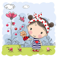 Cute Cartoon Girl with ladybug
