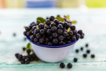 Chokeberry fresh fruits in a bowl on a wooden table in the garden. 