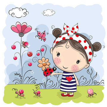 Cute Cartoon Girl with ladybug © reginast777