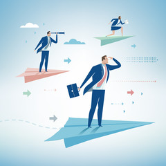Competition. Business persons balancing on the paper airplanes. Business vector concept illustration