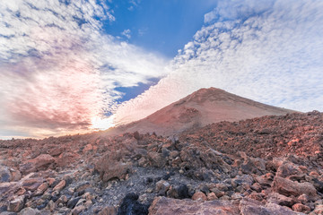 Top of the volcanic mountain Teide at the sunny morning in the Teide National Park, Tenerife, Canary islands, Spain.