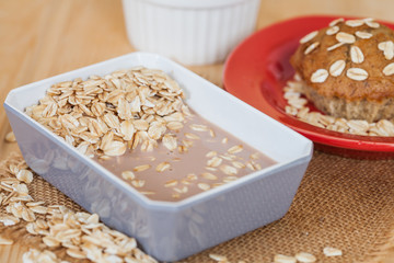 oat flakes mix with chocolate milk in blow