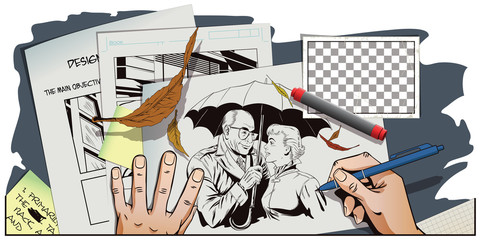 Elderly man closes the girl from the rain umbrella.