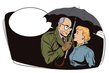 Elderly man closes the girl from the rain umbrella.