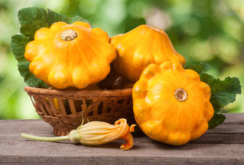 yellow pattypan squash with leaf in a wicker basket on wooden table blurred background