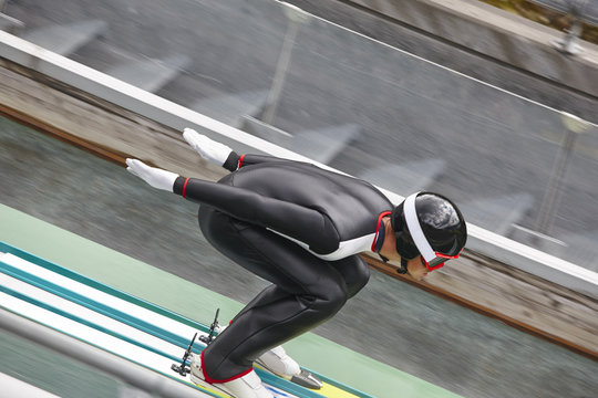 Ski jump. Artificial track. Winter sport. Norwegian summer.