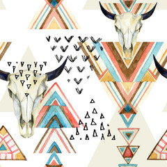 Abstract watercolor animal skull and geometric ornament seamless pattern.