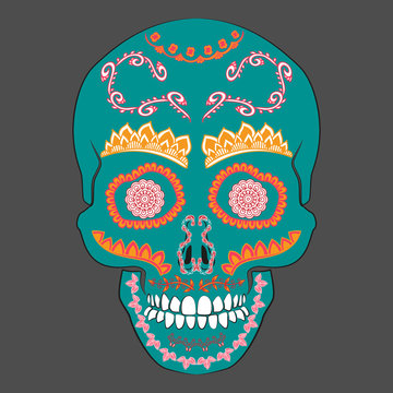 Colored Day of The Dead Sugar Skull with ornament. Vector illustration.