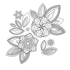 Set of flowers with leaves. Floral design elements for coloring book. Doodle ornament.