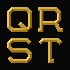 Q, R, S, T gold faceted letters. Trendy and stylish golden font.