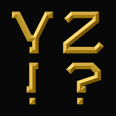 Y, Z gold faceted letters, exclamation and question marks. Trendy and stylish golden font.