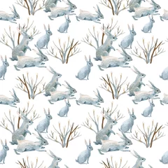 Wall murals Rabbit Rabbit in winter. Watercolor seamless pattern