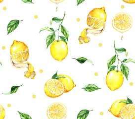 Papier Peint photo Citrons Modèle sans couture aquarelle dessiné à la main avec des citrons jaunes. Arrière-plan répété avec des fruits et des branches, des citrons tranchés et des points. Imprimer pour le textile, le papier peint, etc.