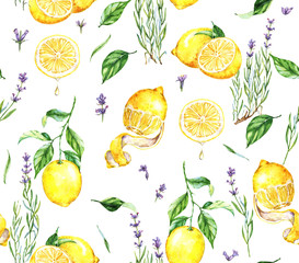 Modèle sans couture aquarelle dessiné à la main avec des citrons jaunes et des fleurs de lavande. Fond naturel répété avec des fruits et des fleurs de lavande de Provence. Imprimer pour le textile, le papier peint, etc.