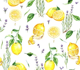 Papier peint Citrons Modèle sans couture aquarelle dessiné à la main avec des citrons jaunes et des fleurs de lavande. Fond naturel répété avec des fruits et des fleurs de lavande de Provence. Imprimer pour le textile, le papier peint, etc.
