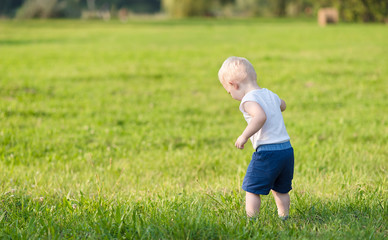 Blond toddler boy in the nature