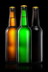 Set of beer bottles with clipping path isolated on black background