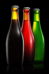 Set of beer bottles with clipping path isolated on black gradient background