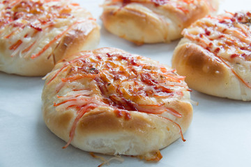  crab cheese bread close up on white background.