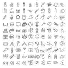 One hundred Vector linear icons set thin line icons set for infographics and UX UI kit. Contains barber shop, technology & computers, ecology and forest, vapor and smoking themes