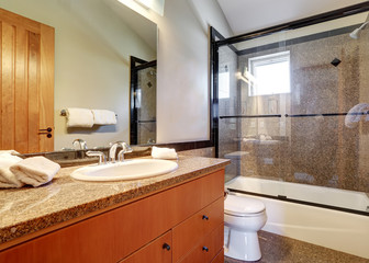 Wooden vanity cabinet and glass shower in bathroom