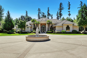 Suburban family house with fountain statue in the front yard - Powered by Adobe