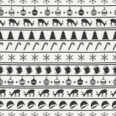 Merry Christmas and Happy New Year 2017. Christmas season hand drawn seamless pattern. Vector illustration. Doodle style. Decorations. Winter holiday backgrounds for design. Deer, snowflakes, Santa