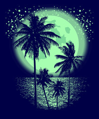 Fototapeta na wymiar Tropical Full Moon over the ocean. Reflection of palm trees and tropical moon night. Vector