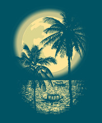 Tropical Full Moon over the ocean. Reflection of palm trees and tropical moon night. Vector © yuliana_s