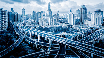Fototapeta na wymiar High-angle view of Shanghai Highway in blue tone.