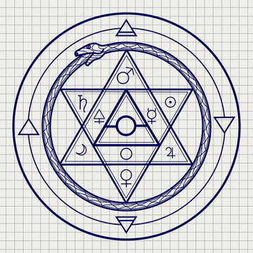 Mystical astrological sign with alchemy elements and uroboros on notebook page. Vector illustration