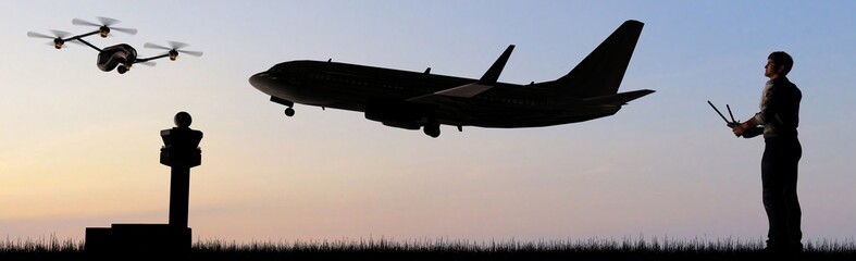 Man operating a flying drone quadrocopter UAV near commercial airplane