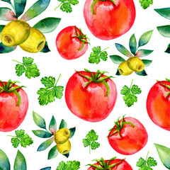 Watercolor olives, tomato, parsley painting illustration isolated on white background, Hand drawn seamless pattern, decorative texture, food ingredient for cooking, restaurant menu, harvest festival