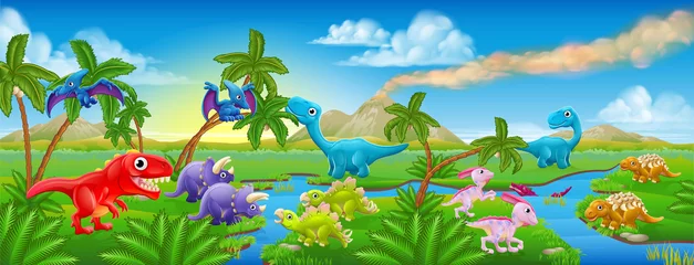 Photo sur Plexiglas Chambre denfants Paysage de scène de dinosaure dessin animé mignon