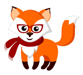 Obraz premium Cute cartoon fox with glasses and scarf. Vector illustration isolated on white background