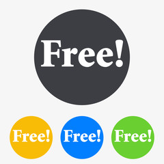 Icono plano texto Free! en circulo varios colores
