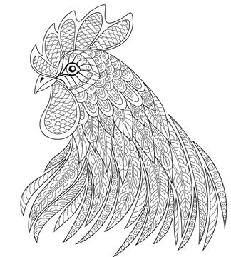 
Rooster head in zentangle style. Symbol of Chinese New Year 2017. Adult anti stress coloring page. Black and white hand drawn doodle for coloring book