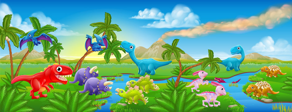 Cute Cartoon Dinosaur Scene Landscape