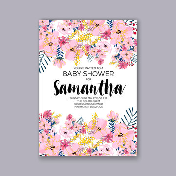 Baby Shower Invitation Template With Watercolor Tropical Flower Wreath