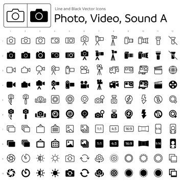 Line and Black Vector Icons - Photo, Video, Sound A
