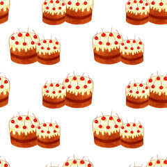 Bright  chocolate cake pattern with cherries. Seamless.