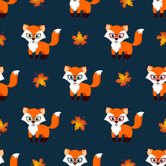 Seamless pattern with fox and maple leaf