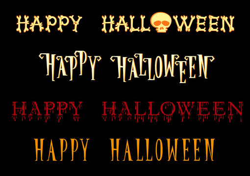 Set of Happy Halloween title in different cartoon style font isolated on black background. Vector illustration
